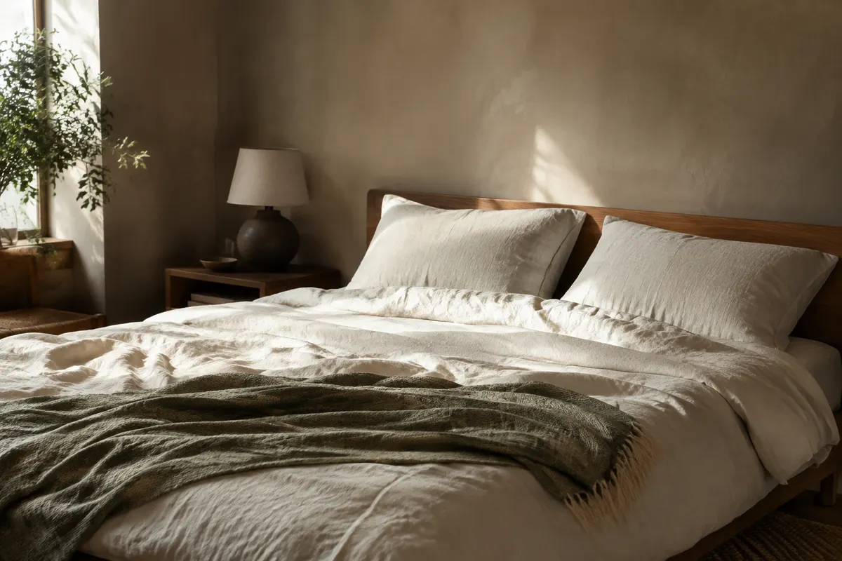 Ivory bedding and a sage throw on a wooden bed in morning light.